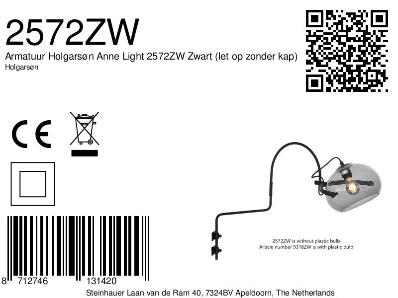 Armatuur Holgarsøn Anne Light 2572ZW Zwart (let op zonder kap)