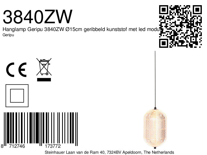 Hanglamp Geripu 3840ZW Ø15cm geribbeld kunststof met led module