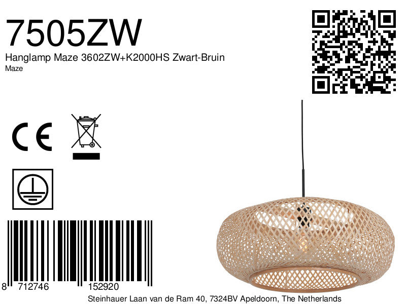 Hanglamp Maze 3602ZW+K2000HS Zwart-Bruin