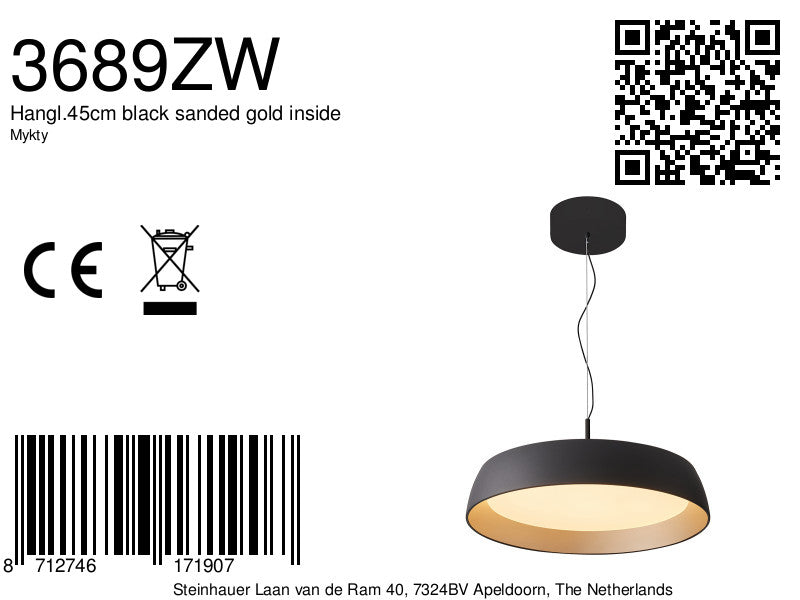 Hanglamp Mykty 3689ZW zwart met goud Ø45 cm 3200 Lumen