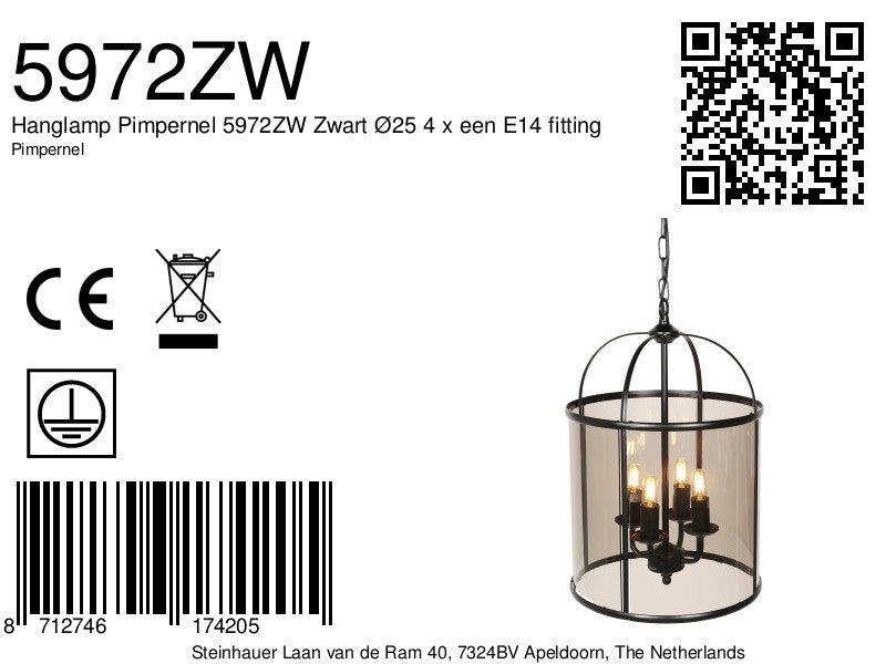 Hanglamp Pimpernel 5972ZW Zwart Ø25 4 x een E14 fitting