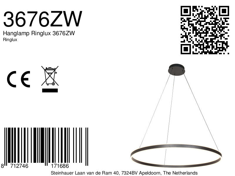 Hanglamp Ringlux 3676ZW Zwart rond 100cm 7200 Lumen