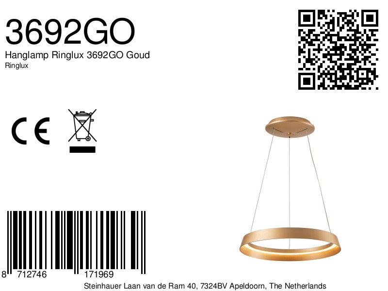 Hanglamp Ringlux 3692GO Goud Ø60 4000 Lumen