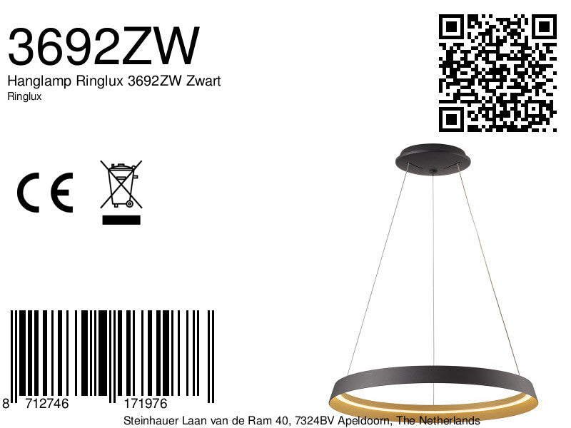 Hanglamp Ringlux 3692ZW Zwart Ø60 4000 Lumen