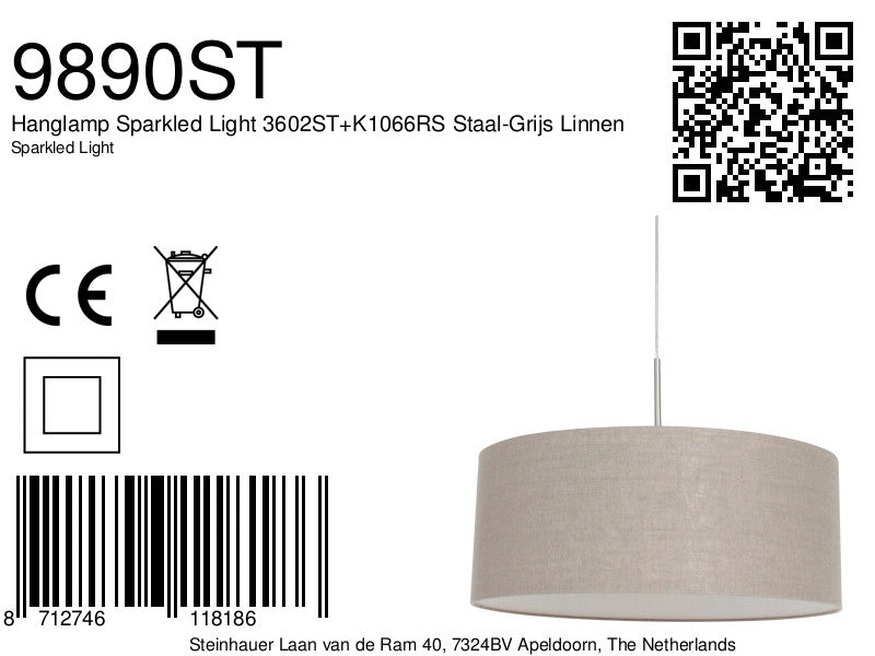 Hanglamp Sparkled Light 3602ST+K1066RS Staal-Grijs Linnen