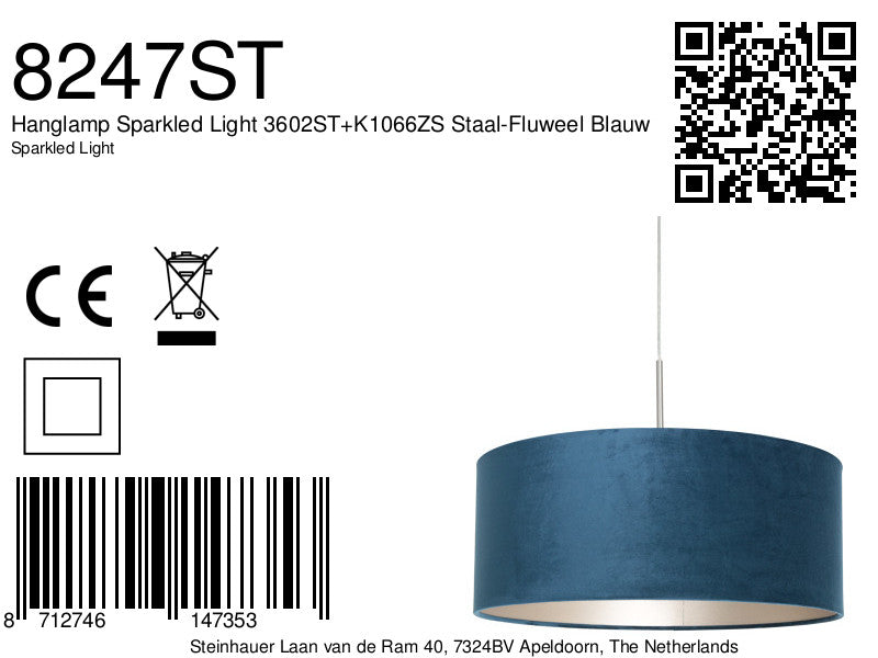 Hanglamp Sparkled Light 3602ST+K1066ZS Staal-Fluweel Blauw