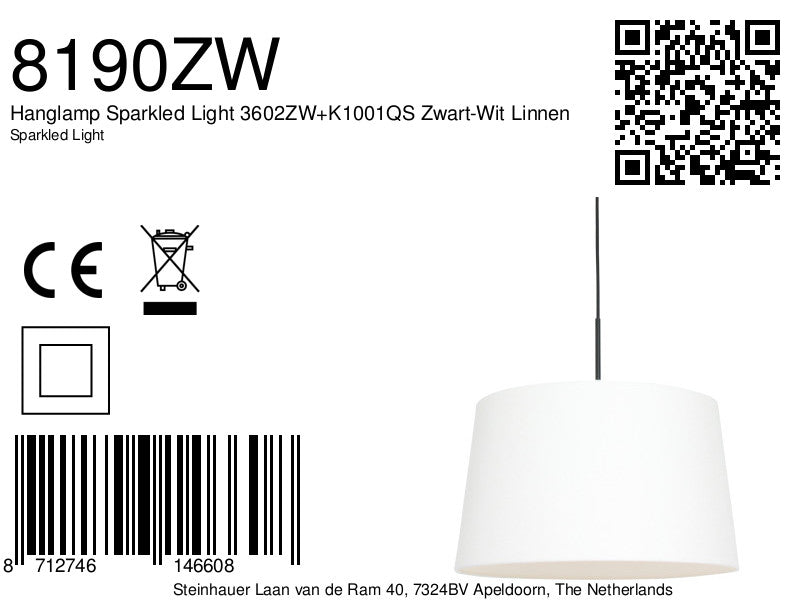 Hanglamp Sparkled Light 3602ZW+K1001QS Zwart-Wit Linnen