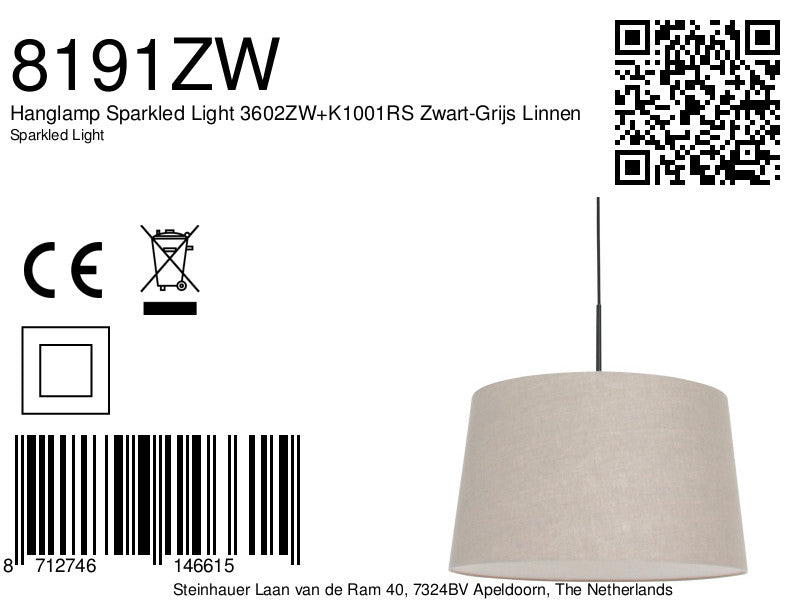 Hanglamp Sparkled Light 3602ZW+K1001RS Zwart-Grijs Linnen