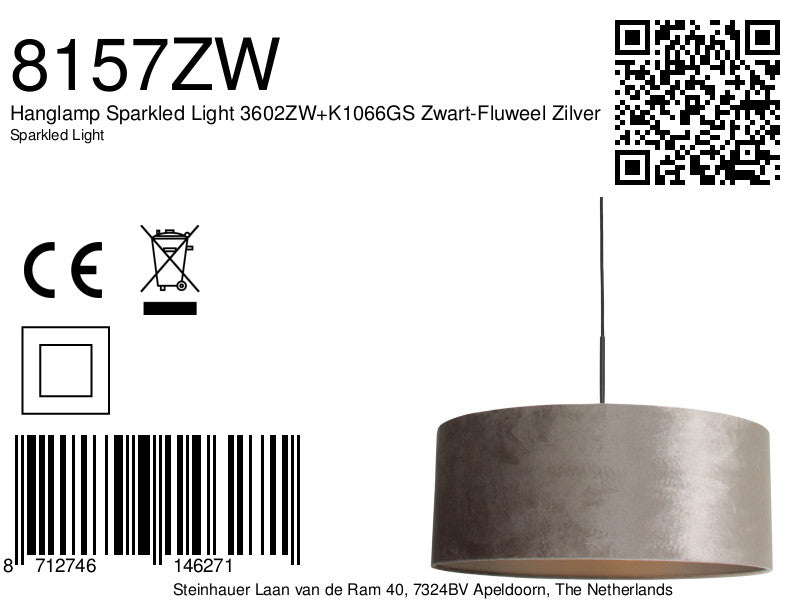 Hanglamp Sparkled Light 3602ZW+K1066GS Zwart-Fluweel Zilver