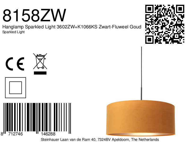 Hanglamp Sparkled Light 3602ZW+K1066KS Zwart-Fluweel Goud