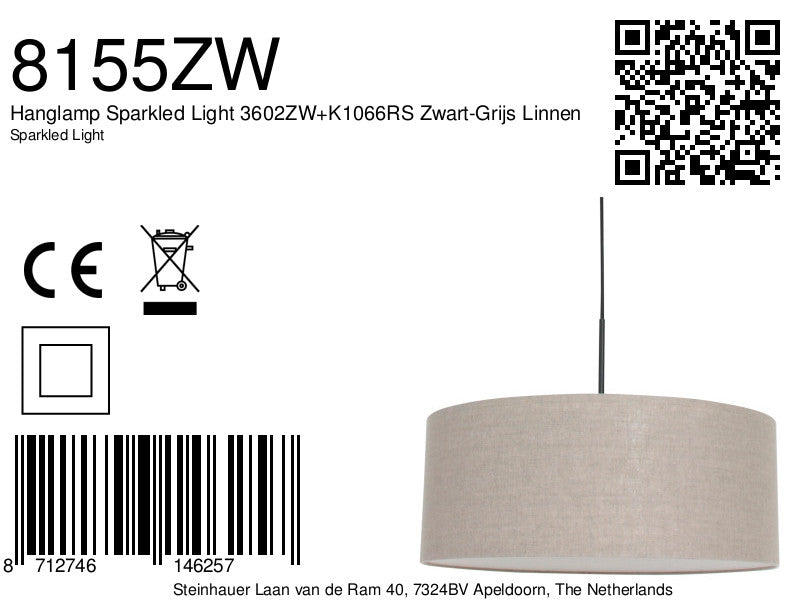 Hanglamp Sparkled Light 3602ZW+K1066RS Zwart-Grijs Linnen