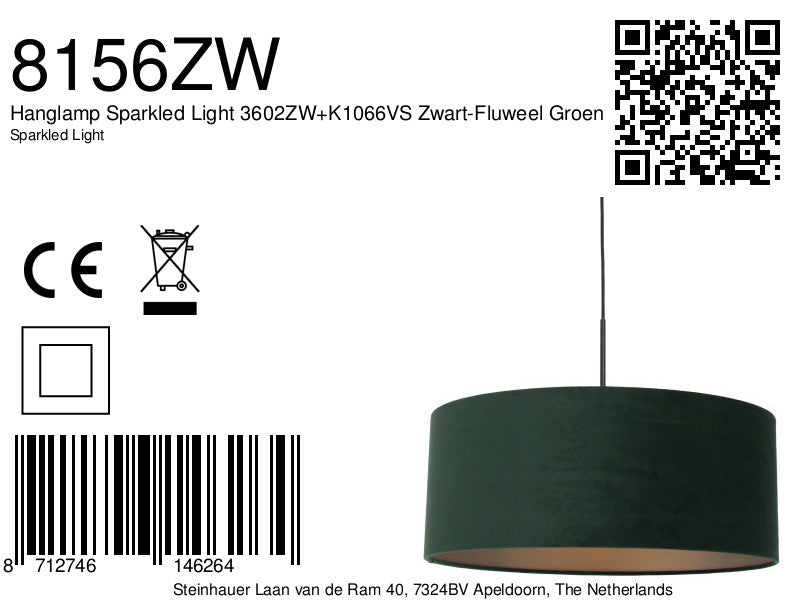 Hanglamp Sparkled Light 3602ZW+K1066VS Zwart-Fluweel Groen