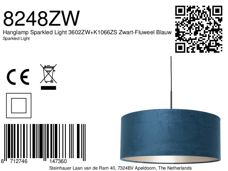 Hanglamp Sparkled Light 3602ZW+K1066ZS Zwart-Fluweel Blauw