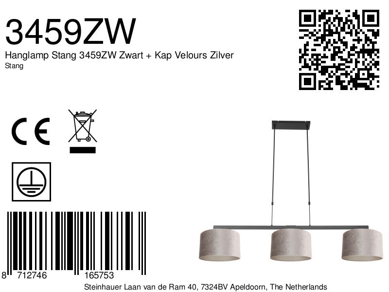 Hanglamp Stang 3459ZW Zwart + Kap Velours Zilver