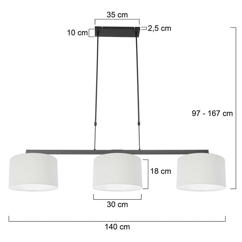 Hanglamp Stang 3461ZW Zwart + Kap Wit Linnen