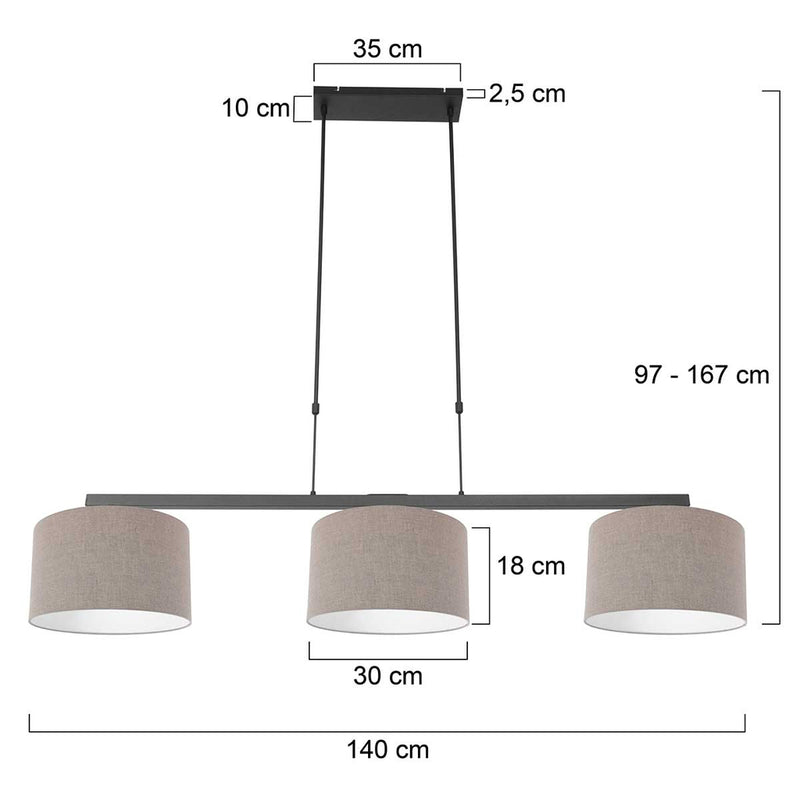 Hanglamp Stang 3462ZW Zwart + Kap Grijs Linnen