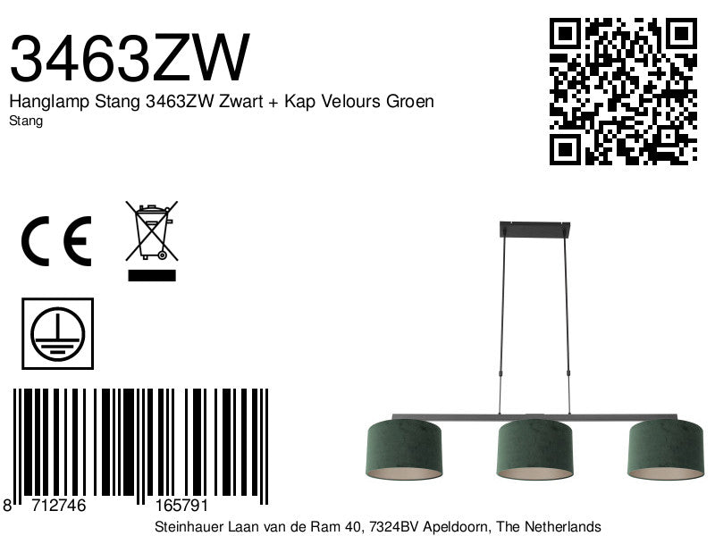 Hanglamp Stang 3463ZW Zwart + Kap Velours Groen