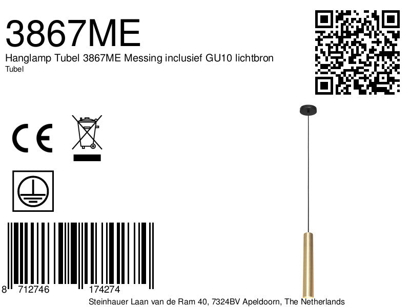 Hanglamp Tubel 3867ME Messing inclusief GU10 lichtbron