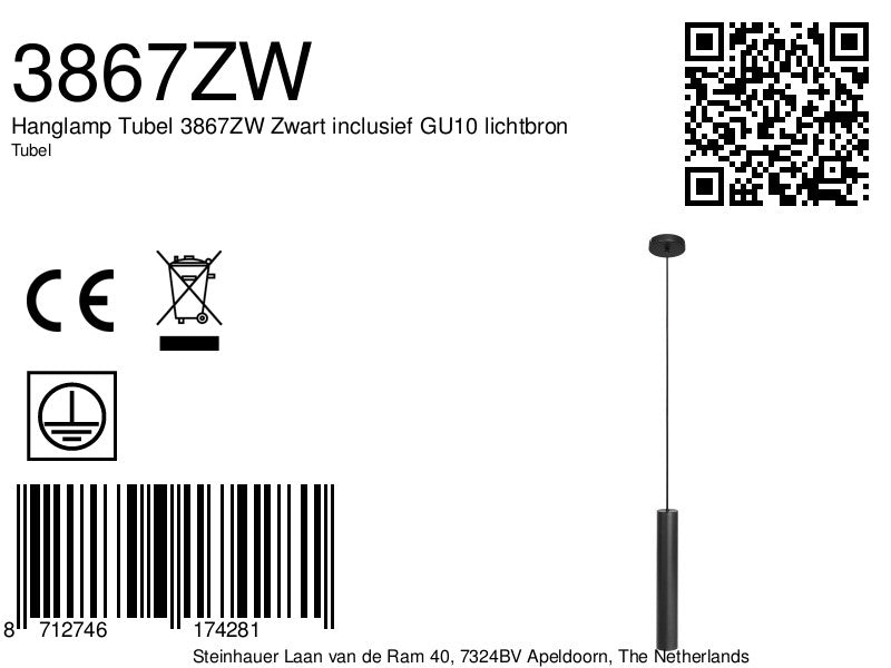 Hanglamp Tubel 3867ZW Zwart inclusief GU10 lichtbron