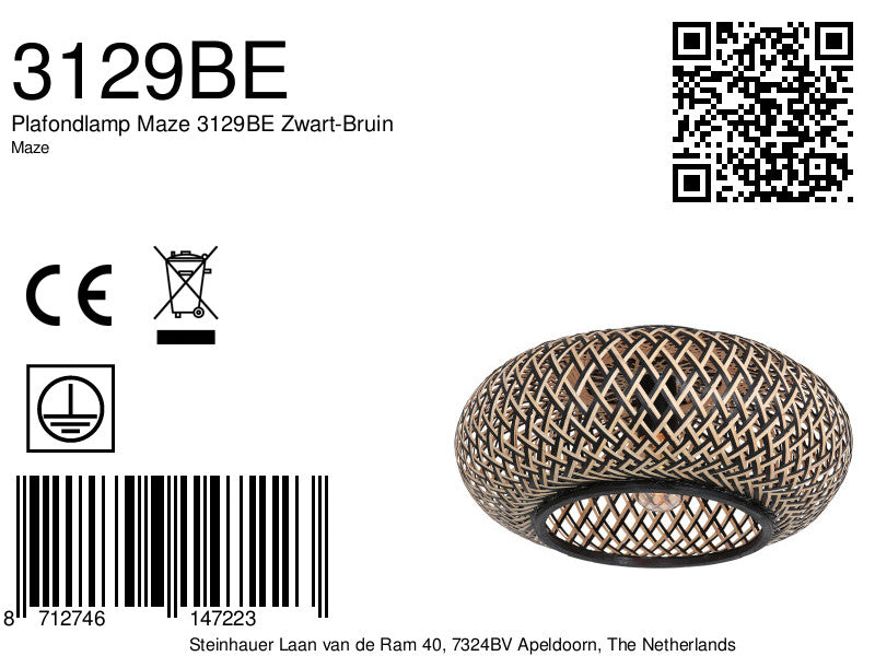 Plafondlamp Maze 3129BE Zwart-Bruin