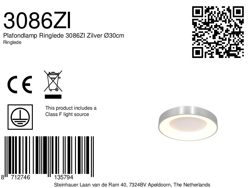 Plafondlamp Ringlede 3086ZI Zilver Ø30cm