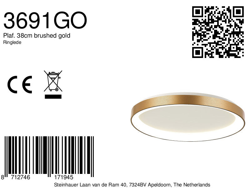 Plafondlamp Ringlede 3691GO Goud dimbaar 2400 Lumen