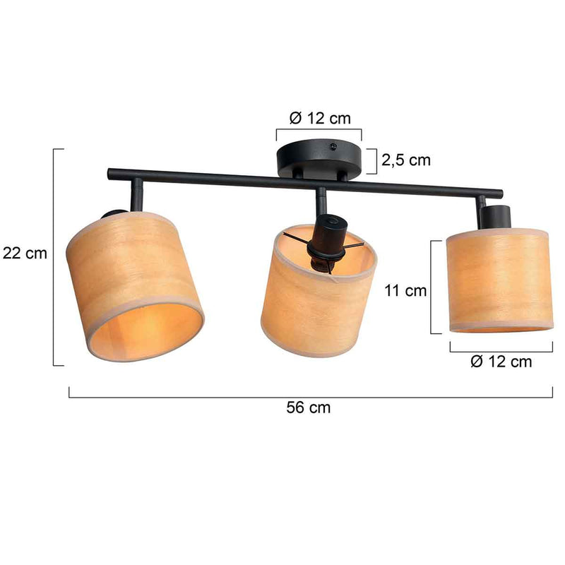 Plafondspot Bambus 3667ZW Zwart 3 lichts met houten kapjes