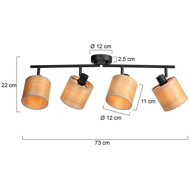 Plafondspot Bambus 3668ZW Zwart 4 lichts met houten kapjes