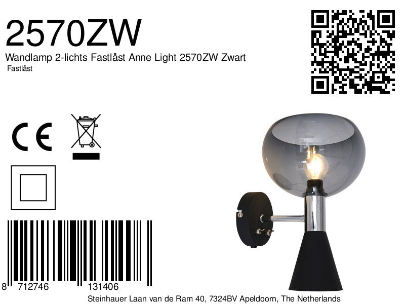 Wandlamp 2-lichts Fastlåst Anne Light 2570ZW Zwart