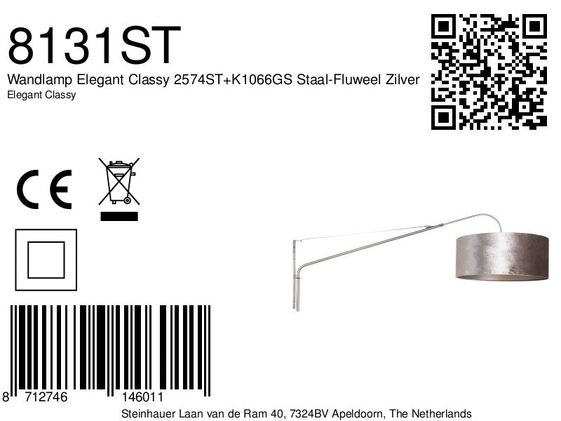 Wandlamp Elegant Classy 2574ST+K1066GS Staal-Fluweel Zilver