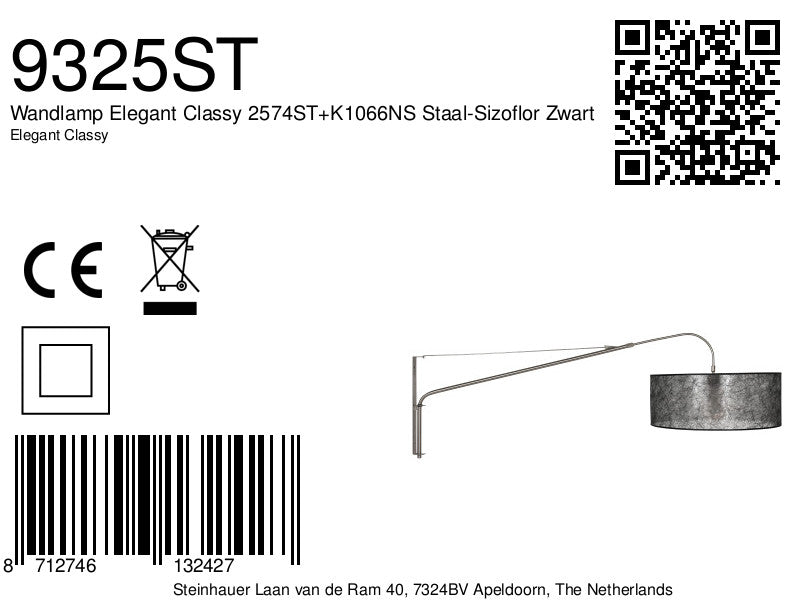 Wandlamp Elegant Classy 2574ST+K1066NS Staal-Sizoflor Zwart