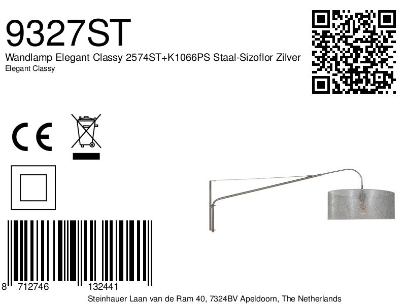 Wandlamp Elegant Classy 2574ST+K1066PS Staal-Sizoflor Zilver