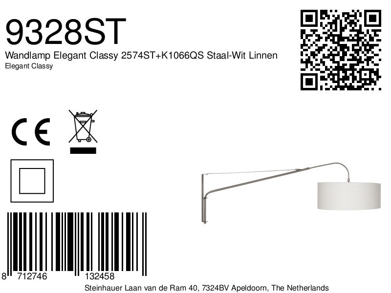 Wandlamp Elegant Classy 2574ST+K1066QS Staal-Wit Linnen