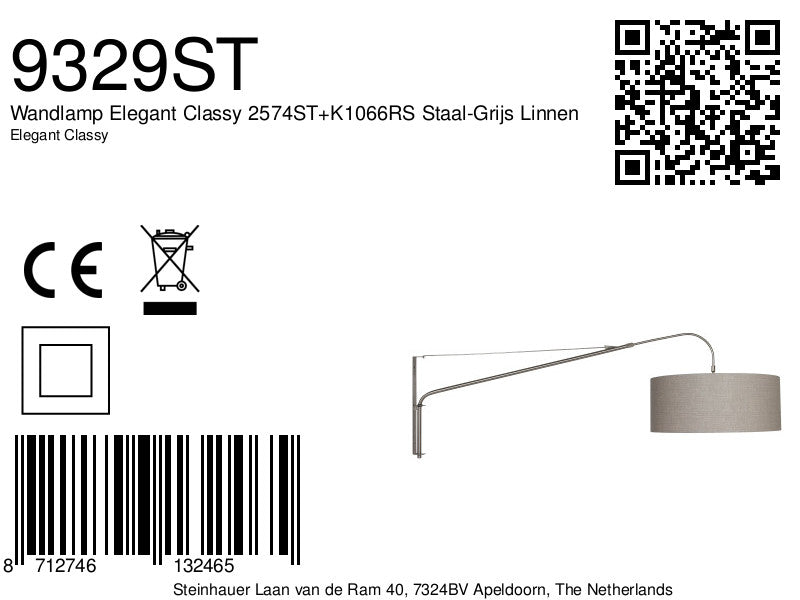 Wandlamp Elegant Classy 2574ST+K1066RS Staal-Grijs Linnen