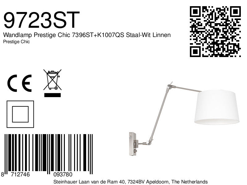 Wandlamp Prestige Chic 7396ST+K1007QS Staal-Wit Linnen