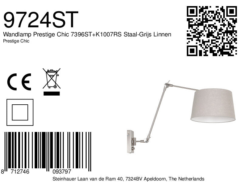 Wandlamp Prestige Chic 7396ST+K1007RS Staal-Grijs Linnen