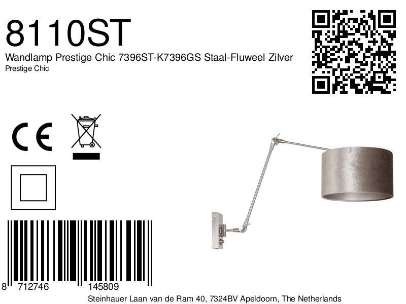 Wandlamp Prestige Chic 7396ST-K7396GS Staal-Fluweel Zilver