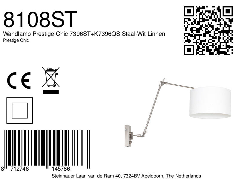 Wandlamp Prestige Chic 7396ST+K7396QS Staal-Wit Linnen