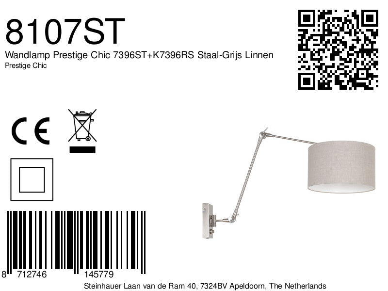 Wandlamp Prestige Chic 7396ST+K7396RS Staal-Grijs Linnen