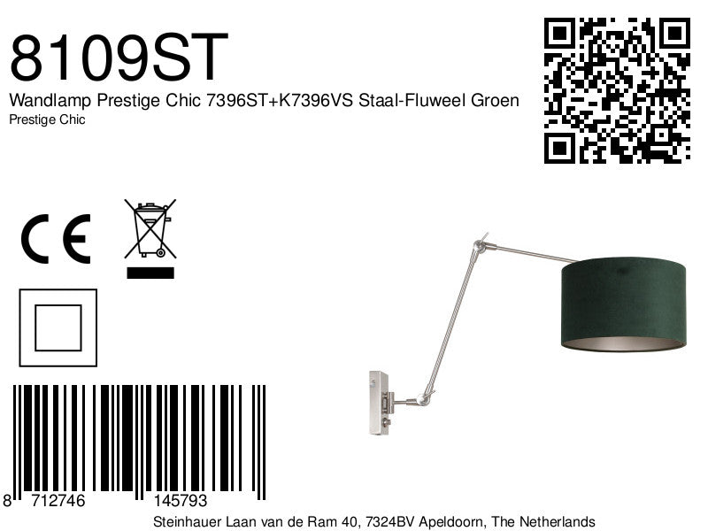 Wandlamp Prestige Chic 7396ST+K7396VS Staal-Fluweel Groen