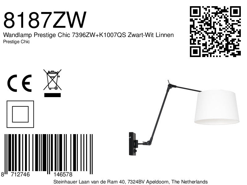 Wandlamp Prestige Chic 7396ZW+K1007QS Zwart-Wit Linnen