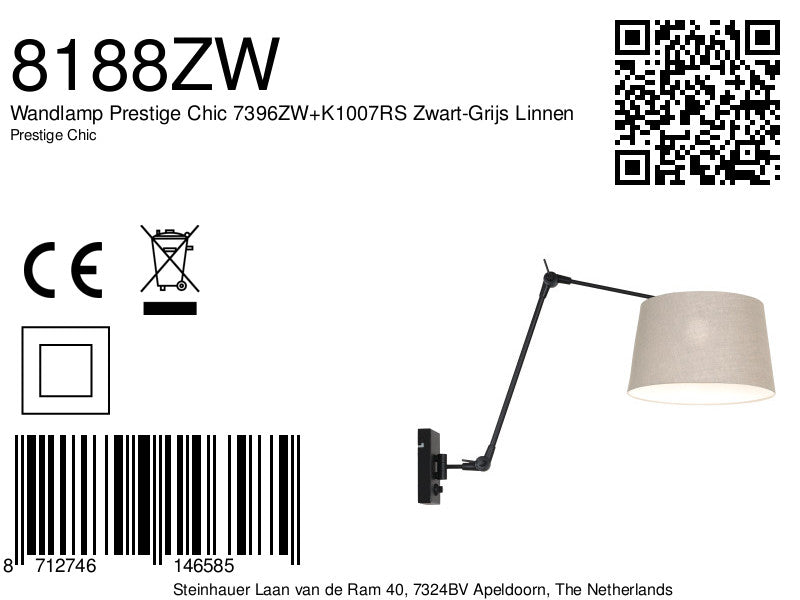 Wandlamp Prestige Chic 7396ZW+K1007RS Zwart-Grijs Linnen