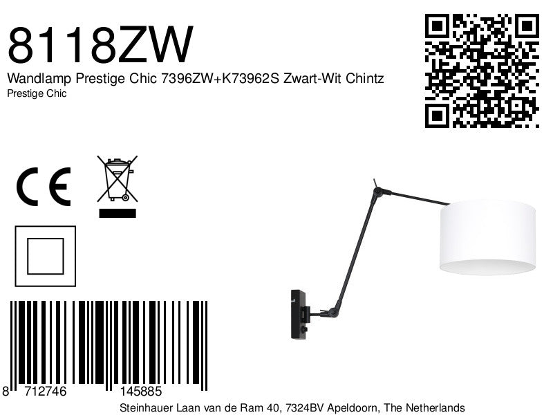 Wandlamp Prestige Chic 7396ZW+K73962S Zwart-Wit Chintz