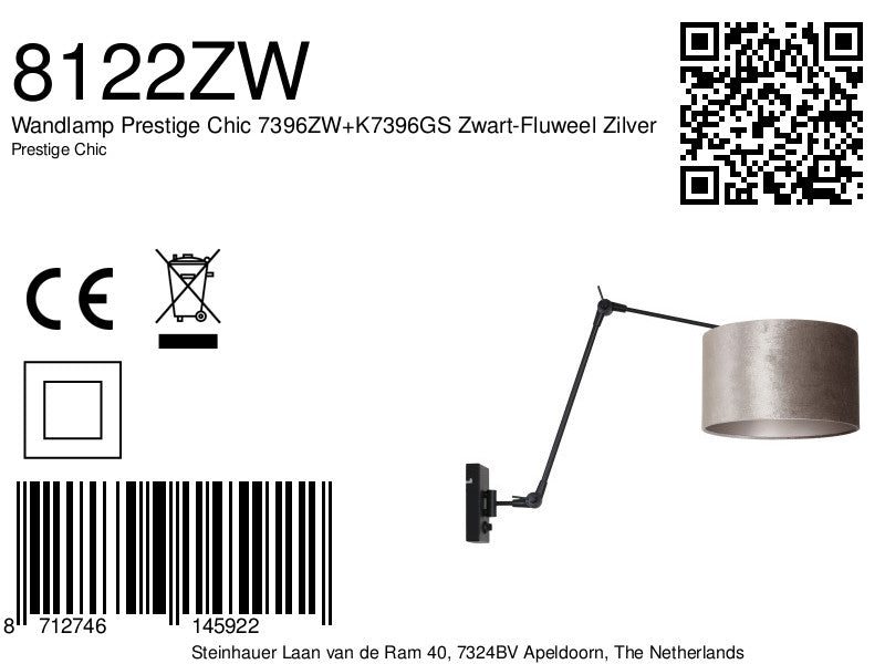 Wandlamp Prestige Chic 7396ZW+K7396GS Zwart-Fluweel Zilver