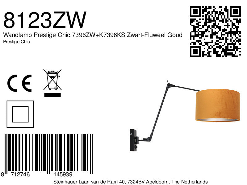 Wandlamp Prestige Chic 7396ZW+K7396KS Zwart-Fluweel Goud