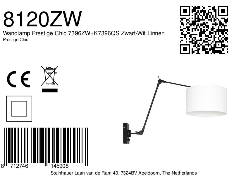 Wandlamp Prestige Chic 7396ZW+K7396QS Zwart-Wit Linnen