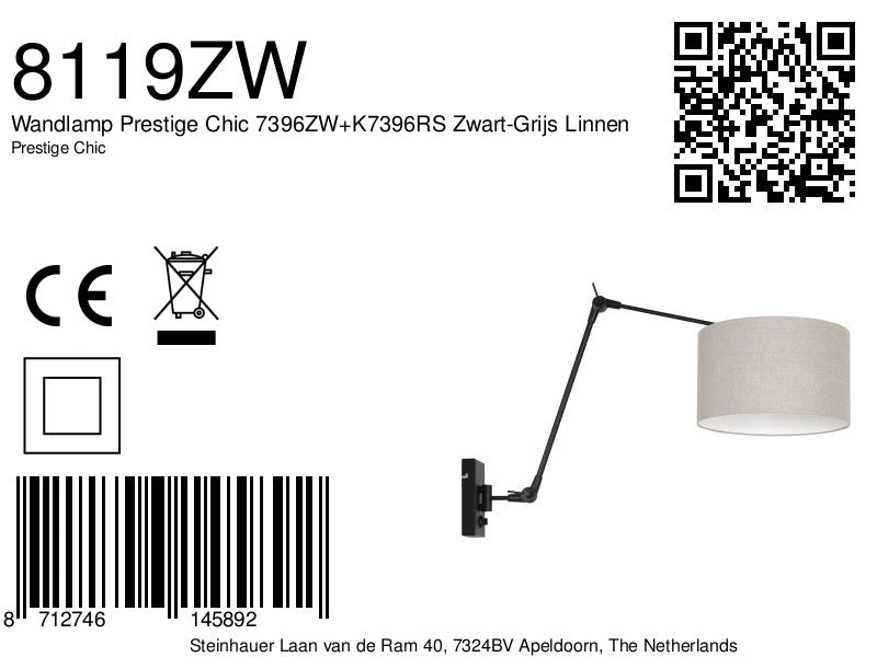 Wandlamp Prestige Chic 7396ZW+K7396RS Zwart-Grijs Linnen