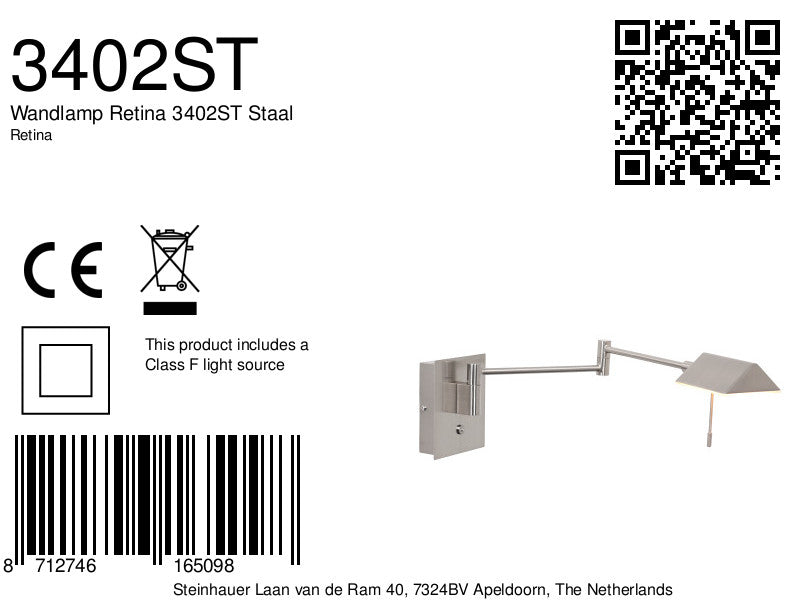 Wandlamp Retina 3402ST Staal