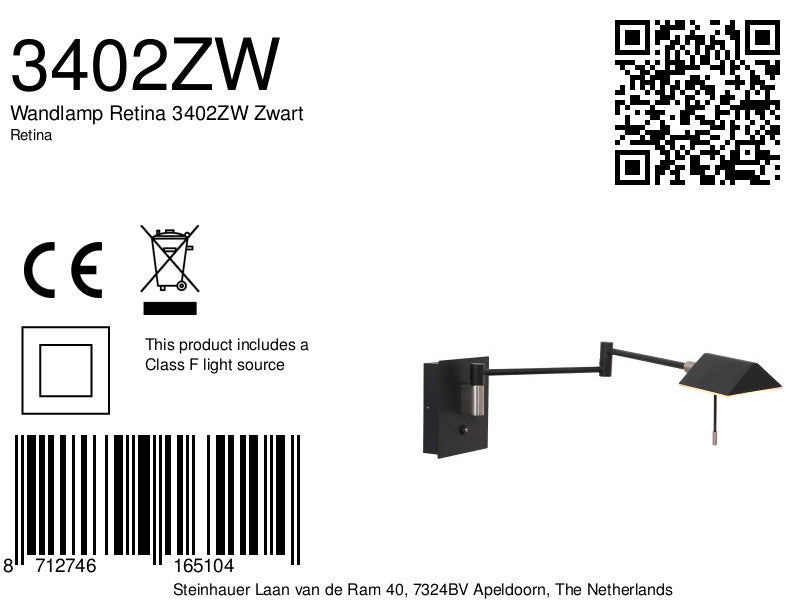 Wandlamp Retina 3402ZW Zwart