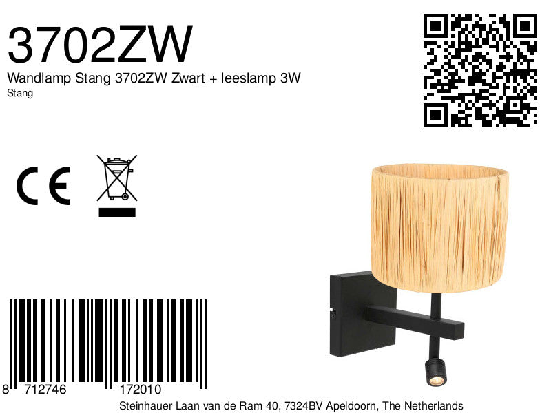 Wandlamp Stang 3702ZW Zwart + leeslamp 3W